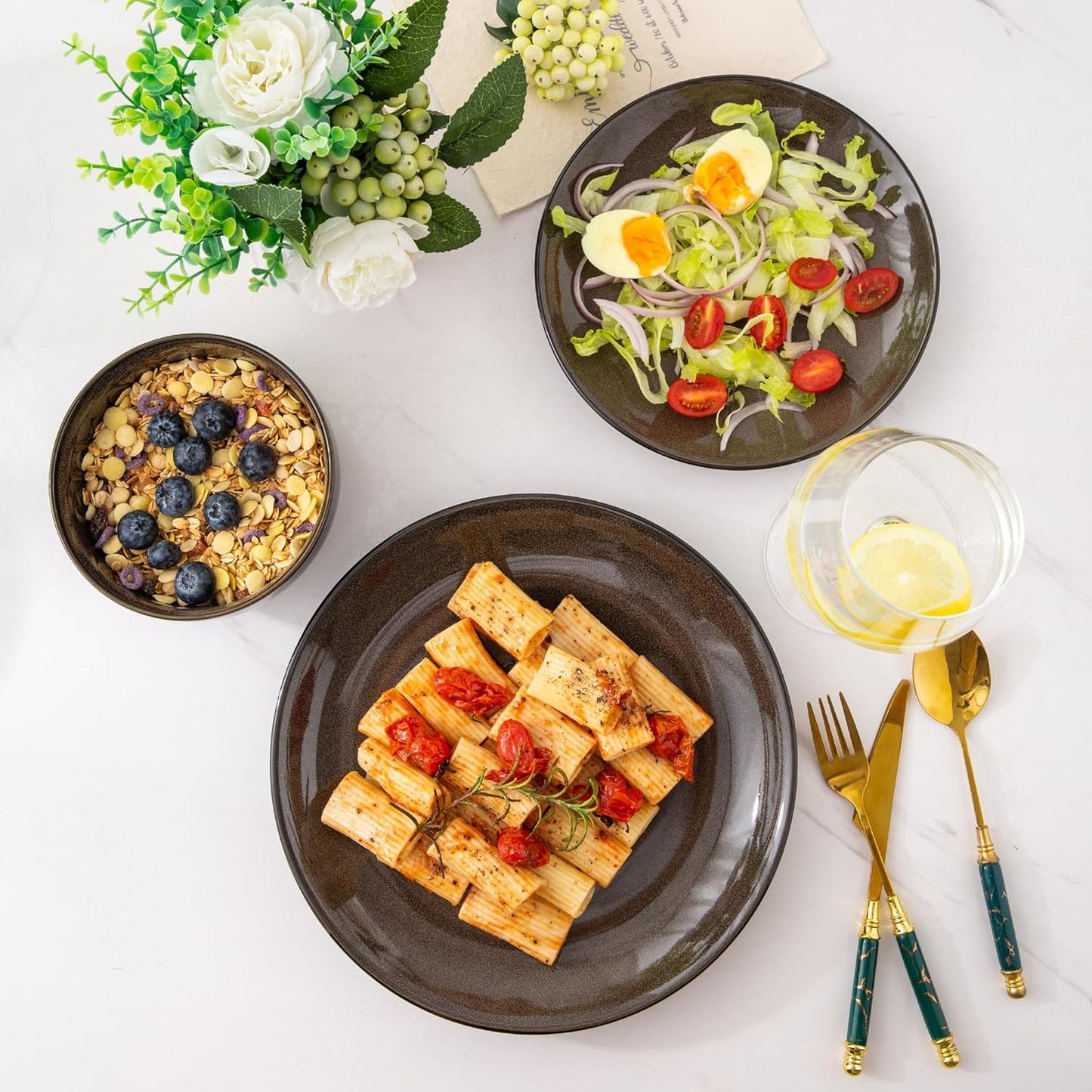 LERATIO Ceramic Dinnerware Sets for 8,Stoneware Plates and Bowls Sets,Handmade Reactive Glaze Dishes Set,Chip Resistant and Scratch Resistant | Oven&Dishwasher & Microwave Safe-Chestnut(24PCS)