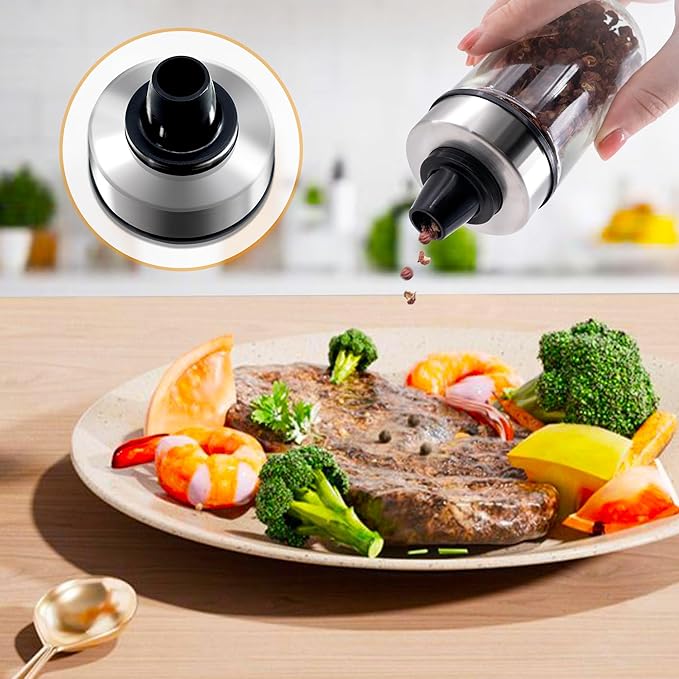 Mlici Oil and Vinegar Dispenser Set of 6 Bottles, Stainless Steel Salt Pepper Holder with 360° Rotating Holder, Cruet Soy Sauce - Premium Glass Condiment for Kitchen, Tabletop, Kitchen Containers