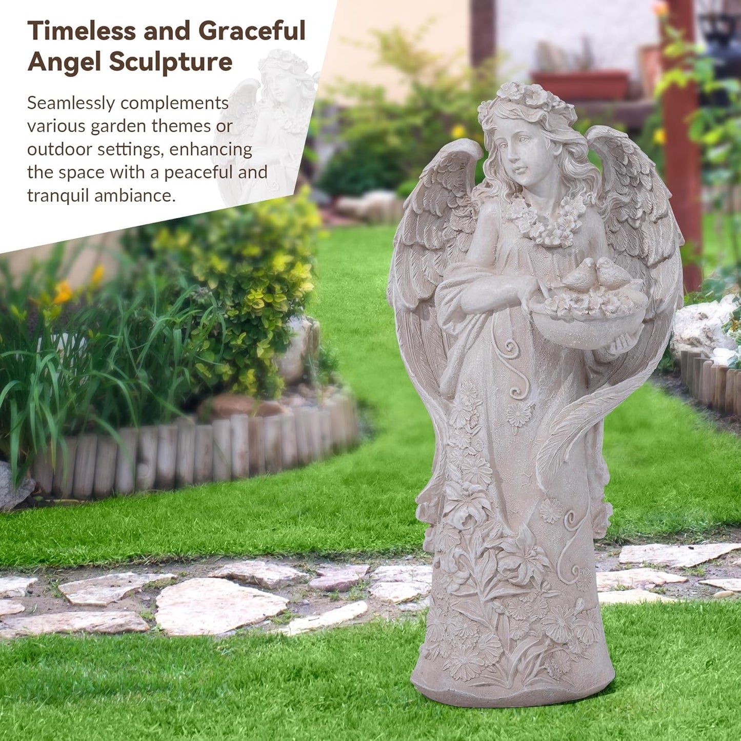 Outdoor Statues Angel Décor Garden Statue,23.5" H Angel Statue, Resin Angel with Bird Figurine,Gifts for Women and Men,Outdoor Garden Decor Ornaments for Outside (White)
