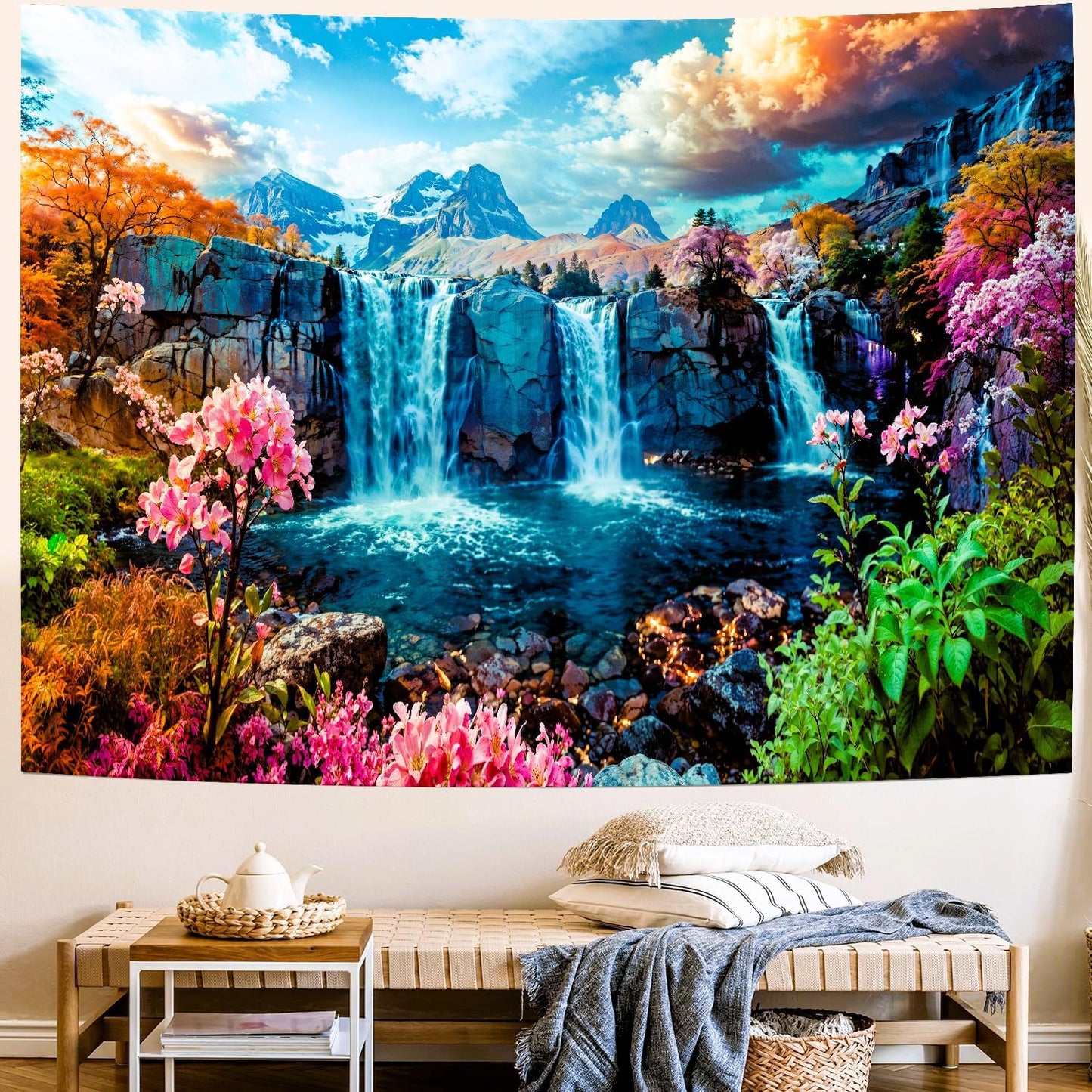 Delur Waterfall Tapestry Tropical Forest Mountain Sunset Tree Wall Hanging Tapestry Scenic Rainforest Landscape Nature Sunrise Headboard for Bedroom Living Room Home Decor (51.2" x 59.1")