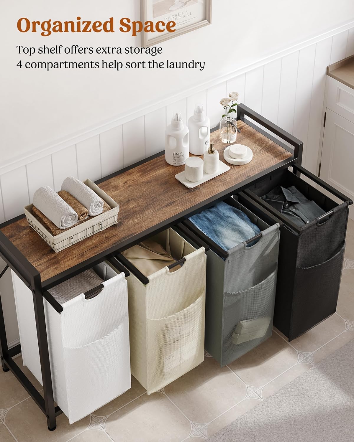 Lulive Laundry Hamper with Shelf, Laundry Basket 4 Section, Laundry Sorter Organizer with Pull-Out Removable Large 4 Color Bags & Large Top Shelf for Laundry Room, Bathroom and Dorm, 4 x 18 Gal (272L)