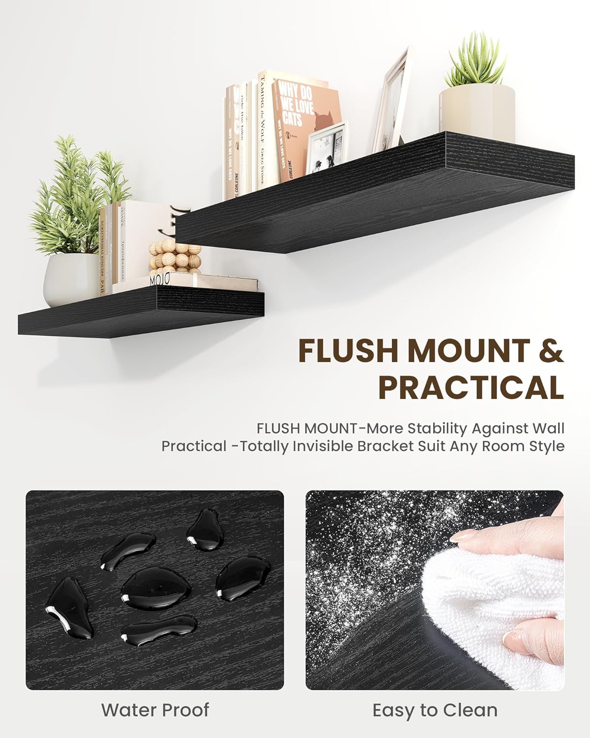 Marsmiles 6.7" Floating Shelves for Wall, Wooden Shelves with Invisible Brackets Set of 2, Rustic Farmhouse Wall Mounted Shelf for Kitchen Bathroom Living Room Study, Black