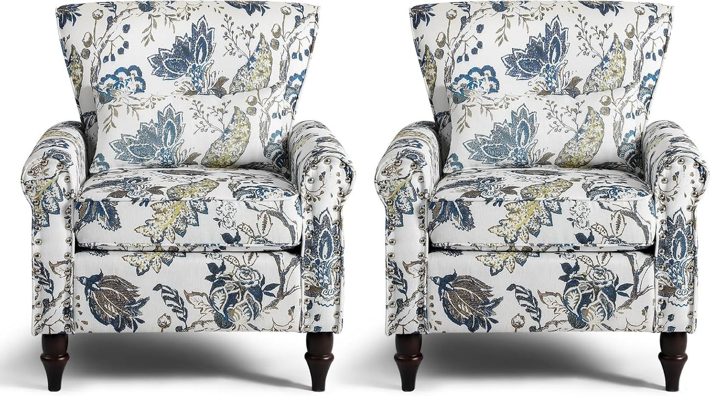 Wingback Accent Chair with Removable Pillow, High Back Floral Armchair with Solid Wood Legs & Nailhead Trim, Comfy Upholstered Reading Single Sofa Chair for Bedroom (2, Blue Floral Pattern)