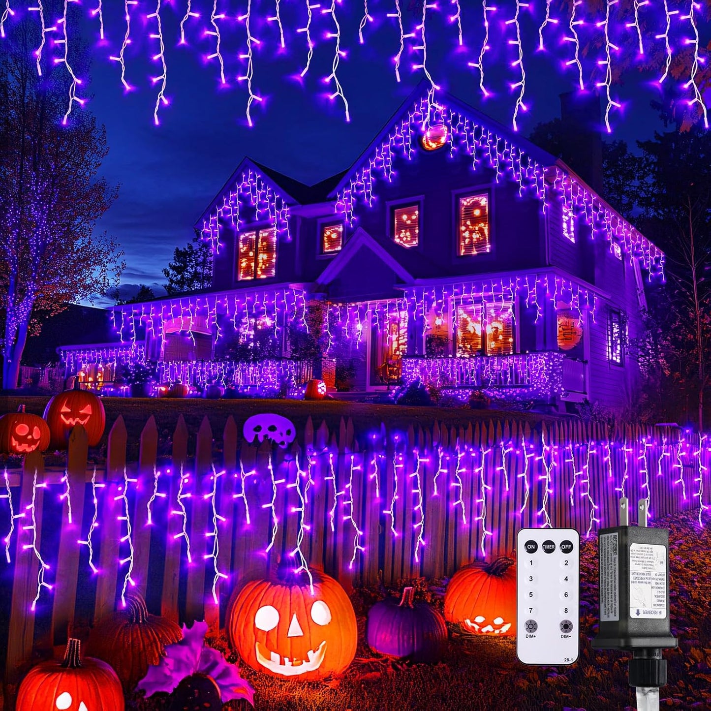 JMEXSUSS Purple Halloween Icicle Lights, 38.8 FT 400 LED Icicle Light Outdoor Waterproof, 8 Modes Purple Halloween Lights with 80 Drops Plug in for House Christmas Party Decorations