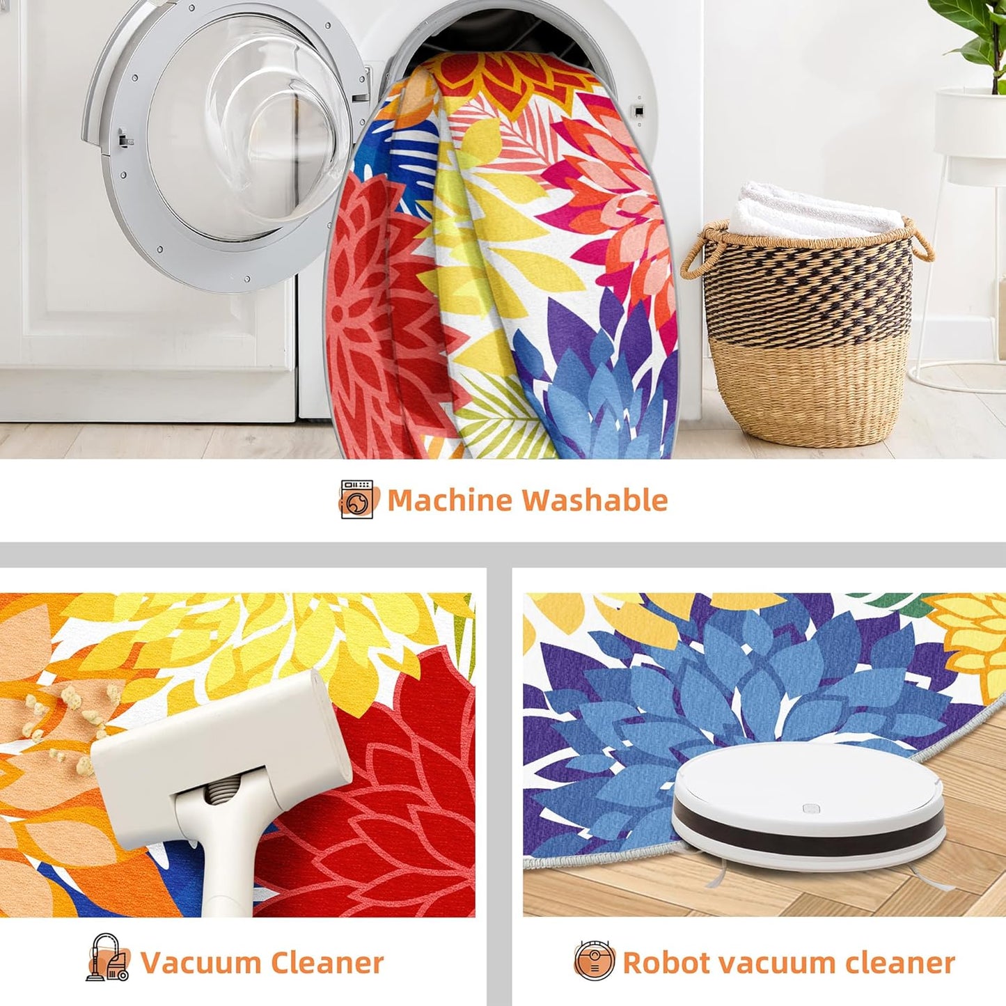 Indoor Outdoor 6FT Round Area Rug Washable Rugs Multicolored Patio Rug Tropical Botanical Modern Floral Indoor Outdoor Round Carpet Non Slip for RV, Pool Deck, Backyard, Porch