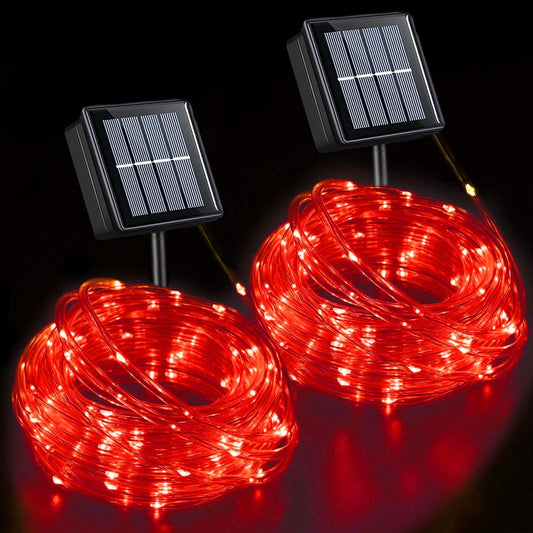 YEGUO 2 Packs Each 33ft 100 LED Solar Rope Lights Outdoor Waterproof, Red String Lights for Outside, 8 Modes Fairy Lights in Clear Thin Tube for Camping Fence Patio Garden Trampoline Deck