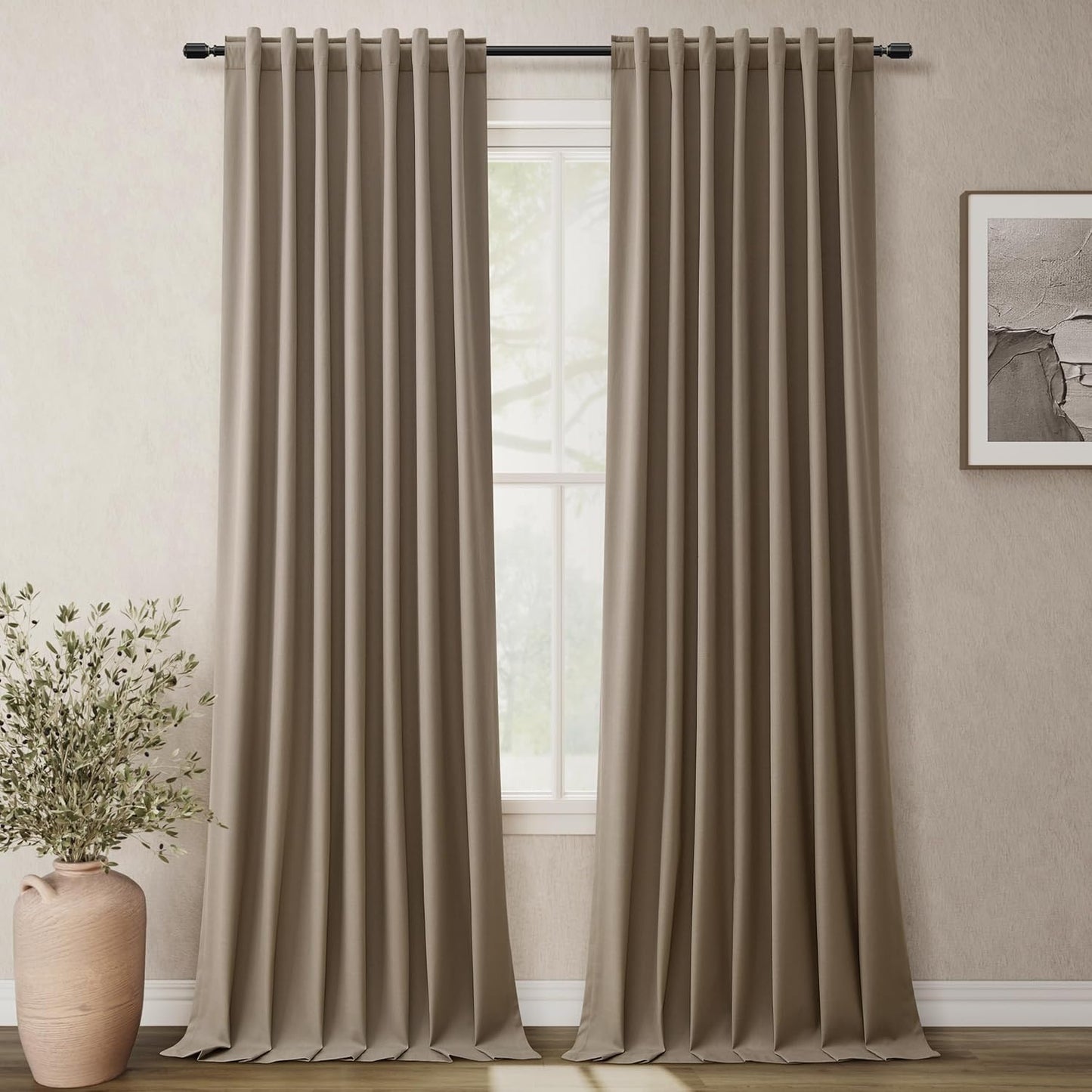108 Inch Black Out Curtains 2 Panels Set Back Tab Thermal Insulated Natural Linen Textured Blackout Curtains Noise Reducing Dark Brown Neutral Living Room Darkening Window Drapes Pleated 52x108