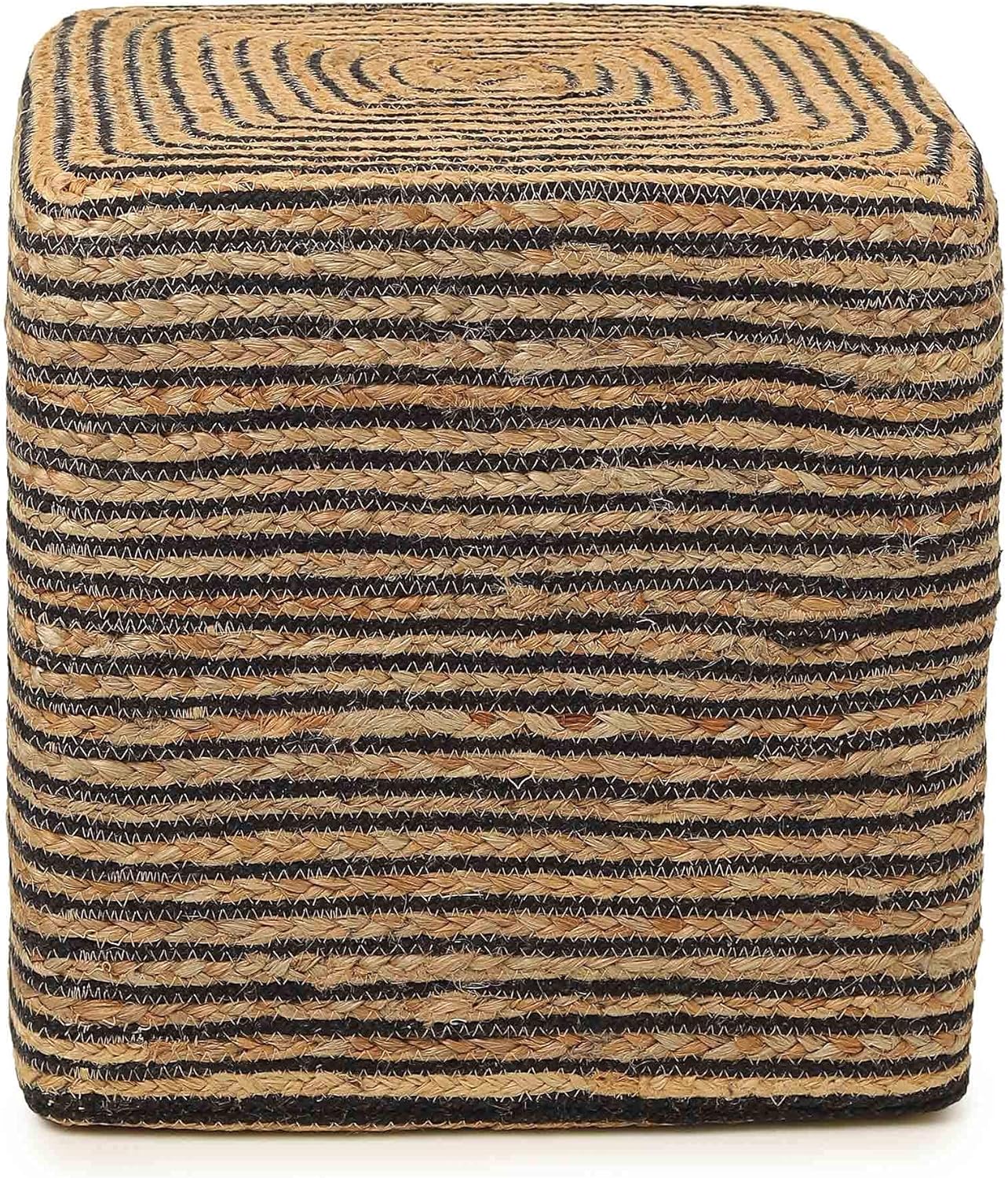 REDEARTH · Cube Pouf Foot Stool Ottoman - Jute Braided Pouffe Poof Accent Sitting Footrest for The Living Room, Bedroom, Nursery, Patio, Lounge 50% Jute 50% Cotton (14.5”x14.5”x16”; Natural Black)