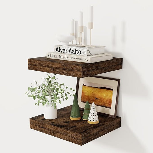 Fun Memories 12 Inch Floating Shelf, Rustic Wood Wall Shelves for Wall Decor & Storage, 12 x 12 Floating Shelf for Living Room, Bathroom, Bedroom, Rustic Brown, Set of 2