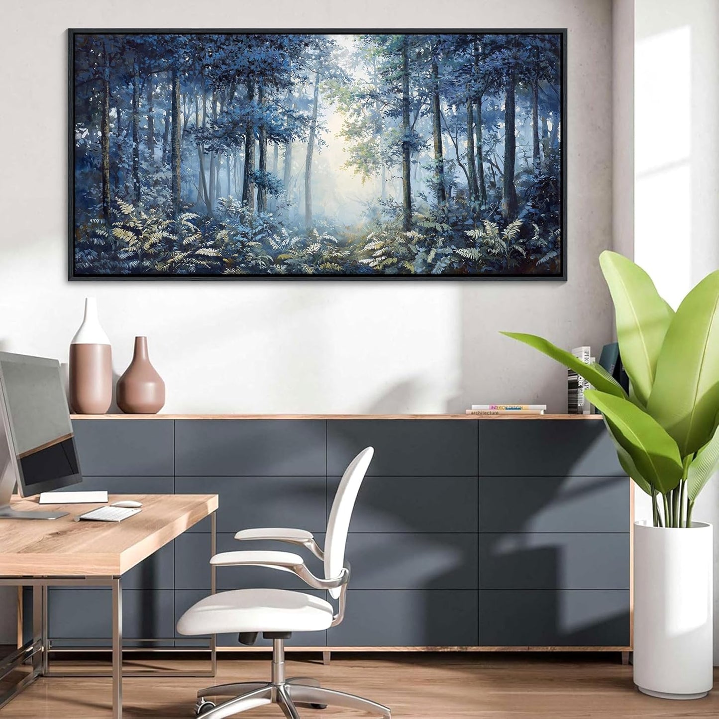 Forest Canvas Wall Art for Living Room - Navy Blue Bedroom Wall Art, Landscape Pictures Wall Decor, Forest Painting, Framed Nature Tree Artwork Walls 29×58IN