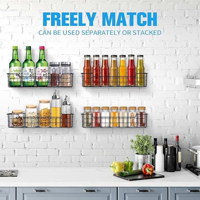 Spice Rack Organizer Wall Mount, Spice Organization Storage Shelf for Cabinet Door, 4 Packs Wall Spice Rack Saving Space for Kitchen, Black
