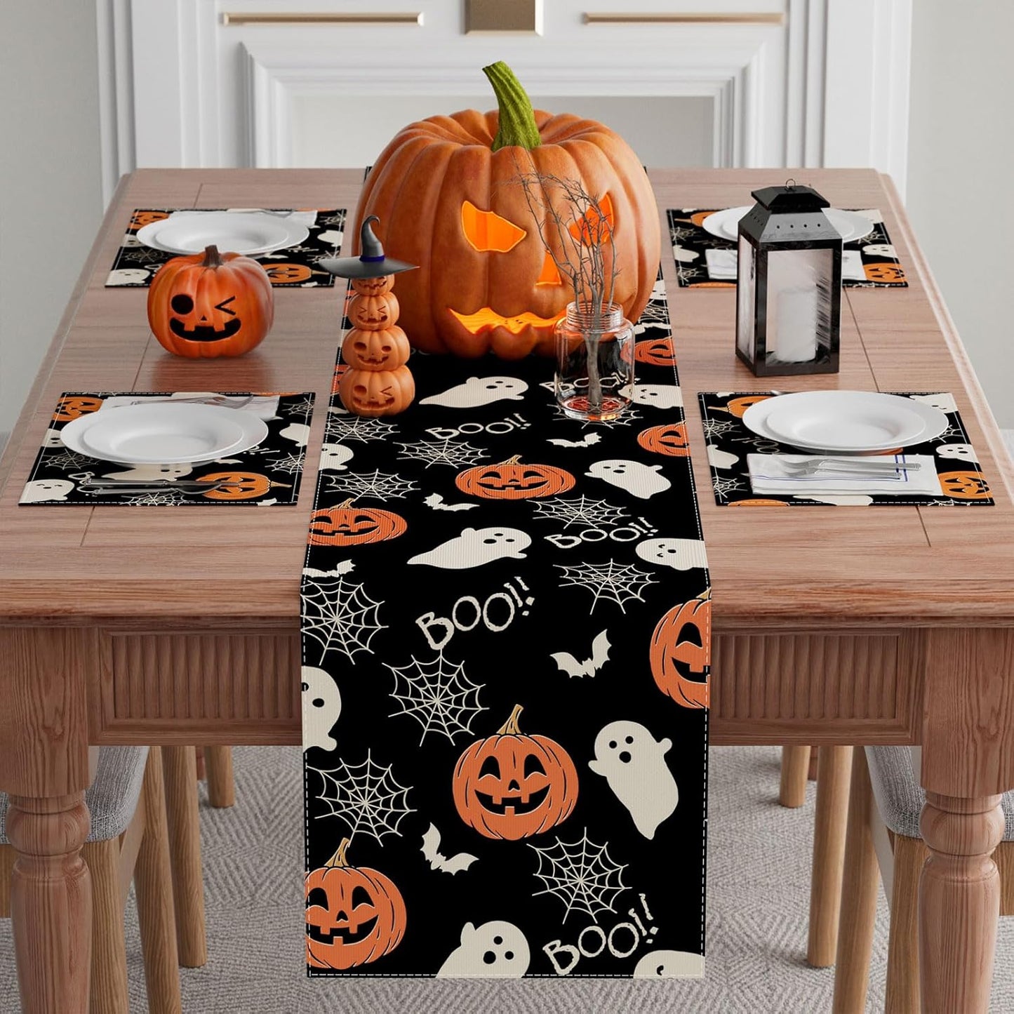 XCHI Boo Spooky Ghost Pumpkin Halloween Table Runner Burlap Table Decoration for Home Kitchen Dining Dinner Indoor Holiday Farmhouse Decor 13x90 Inch