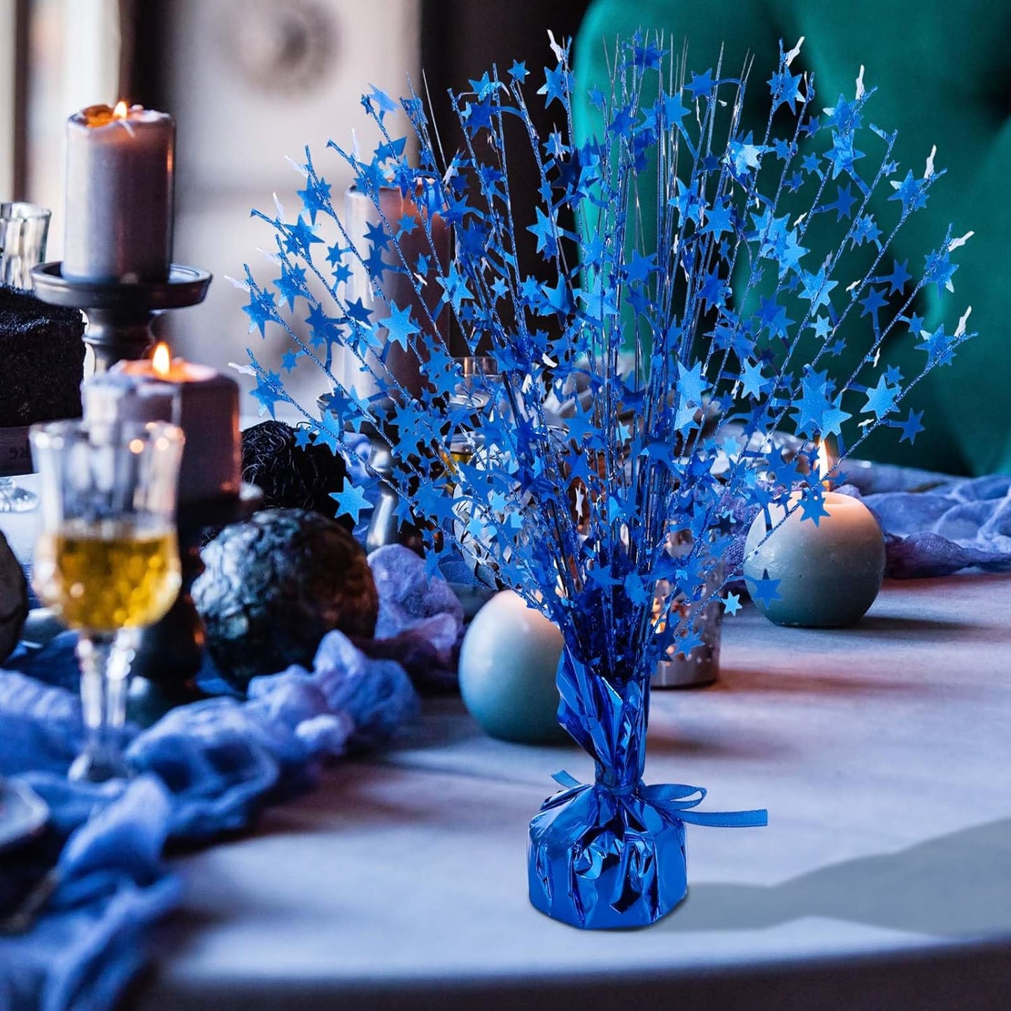 Crowye 18 Pieces Metallic Foil Spray Centerpiece Party Star Table Decoration Burst Metallic Table Centerpieces for Birthday Party Season Holiday(Blue)