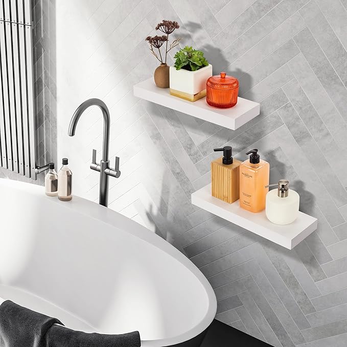 Sorbus Floating Shelves for Wall, Bathroom Shelves Wall Mounted for Kitchen, Bedroom, Bathroom Storage Over Toilet, Hanging Book Shelf for Wall Home Decor Living Room (White, 3 Pack)