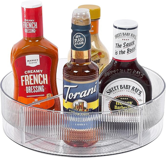 FreshKeeper Plastic Lazy Susan Organizer, Clear Pantry Lazy Susan Turntable for Cabinet and Kitchen 11’’ with Removable Dividers