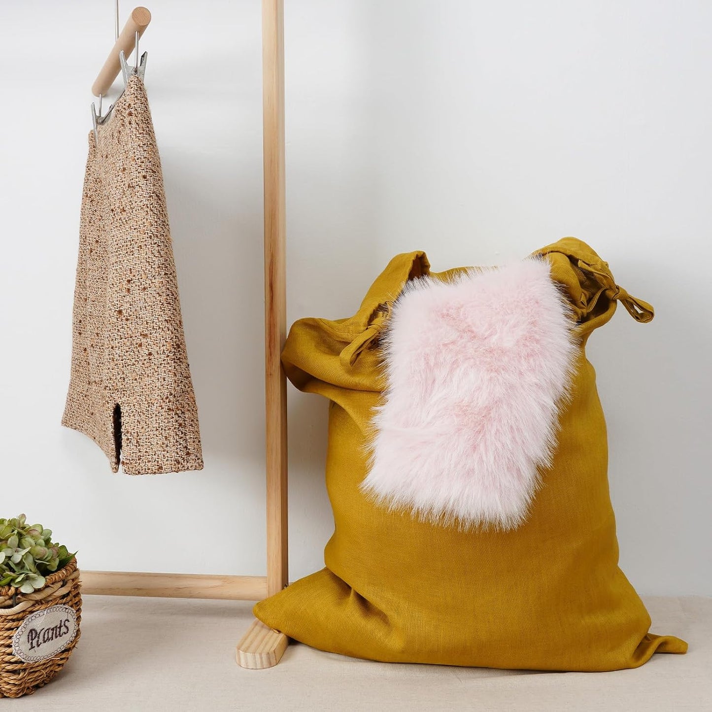 Linen Hanging Laundry Bag, Over The Door Laundry Hamper for Dirty Clothes, Drawstring Closure with Bottom Zipper, Turmeric