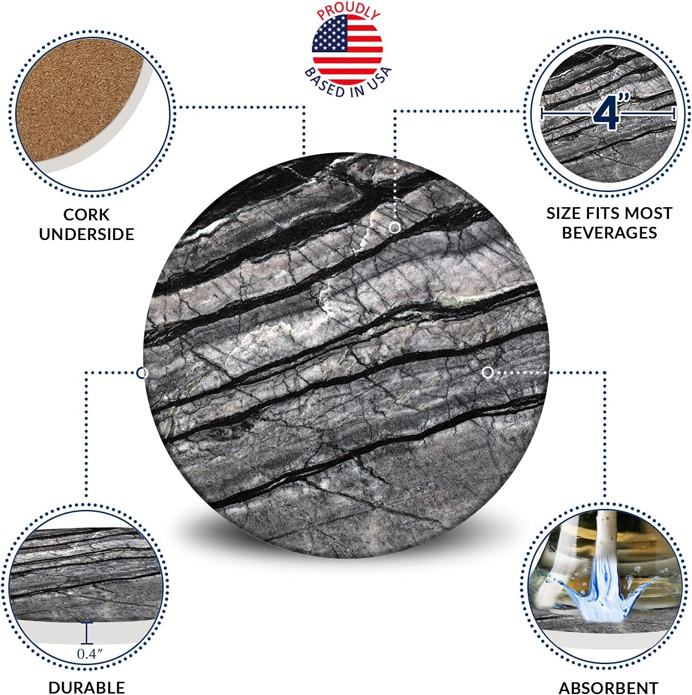 Emerson Coasters for Drinks Absorbent – Natural Stone Drink Coasters Set with Holder, Coasters for Coffee Table, Wooden Tabletop Protection Marble Style – 100% Heavy Duty Set of 6 (Obsidian)