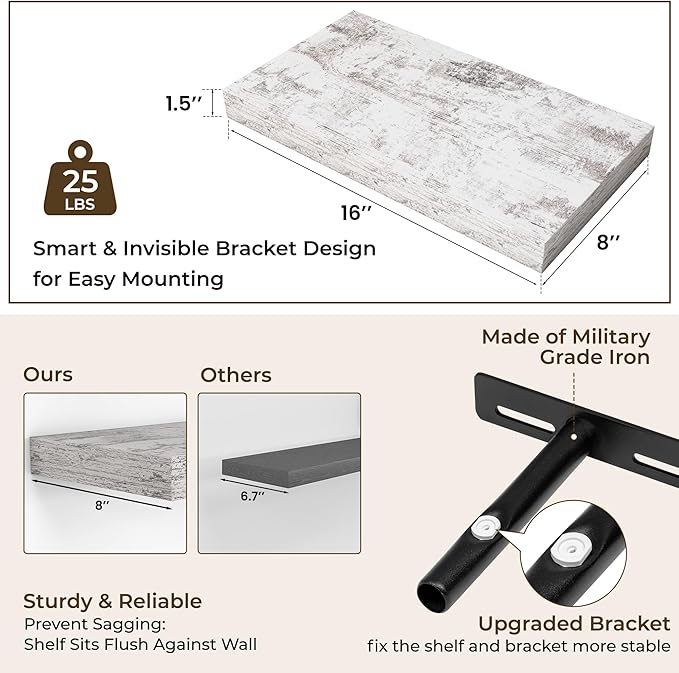 RICHFOCUS 16Inch Floating Shelves for Wall 2 Pack Shelves for Bedroom|Kitchen|Bathroom Wall Mounted Rustic Distressed Wood Floating Shelf with Invisible Brackets for Books|Storage|Decor, Rustic