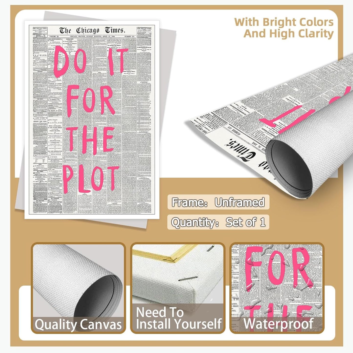 Liyark Retro Black And White Chicago Newspaper Poster Pink Trendy Preppy Apartment Art Motivational Affirmation Do It For The Plot Prints For Home Bedroom Living Room Wall Decor 12x16in Unframed