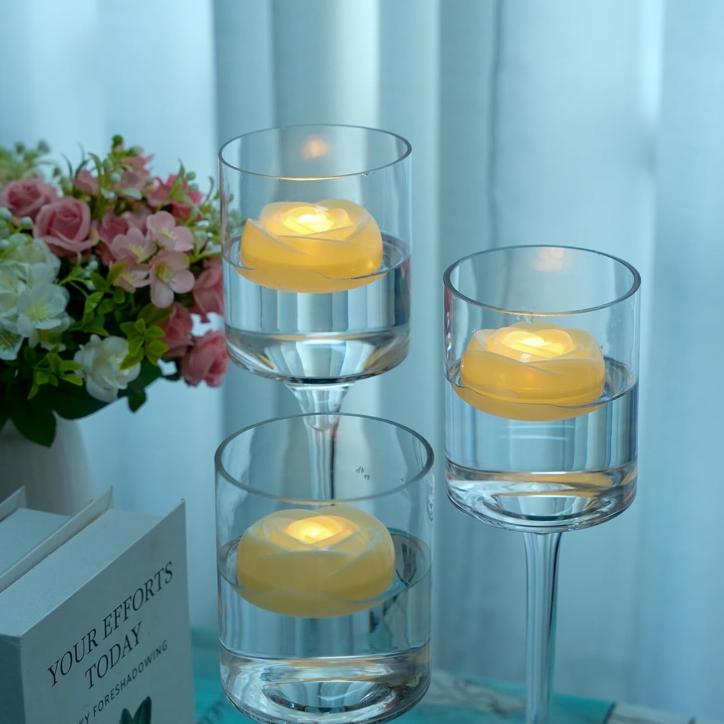 Aignis 12pcs Flameless LED Floating Candles, Ivory Rose Plastic Tealights Battery Operated, 120+ Hours Glow Time, Cozy Light for Romantic Pool/Bathtub/Hot Bath/Wedding Centerpiece Decor(D2.83*H1.42)