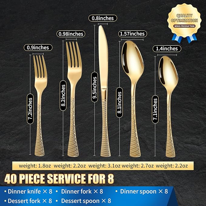 Hammered Gold Silverware Set for 8,Stainless Steel 40-Piece Modern Cutlery Set,Mirror Polished Heavy Duty Flatware Set Utensil Set,Knives Spoons and Forks Set,Dishwasher Safe