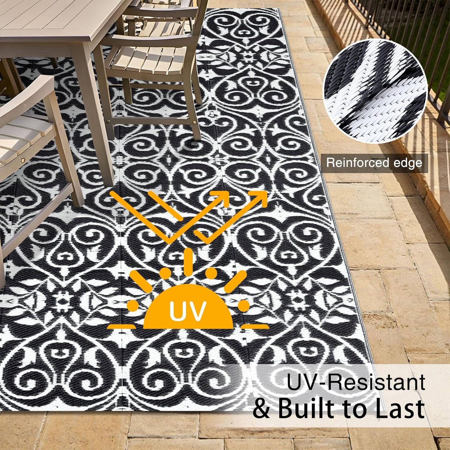 OLANLY Outdoor Rug Waterproof 5x8 ft Clearance, Reversible Outdoor Plastic Straw Rug with Floral Pattern, RV Mat for Patio, Camping, Balcony, Deck, Backyard, Black & White
