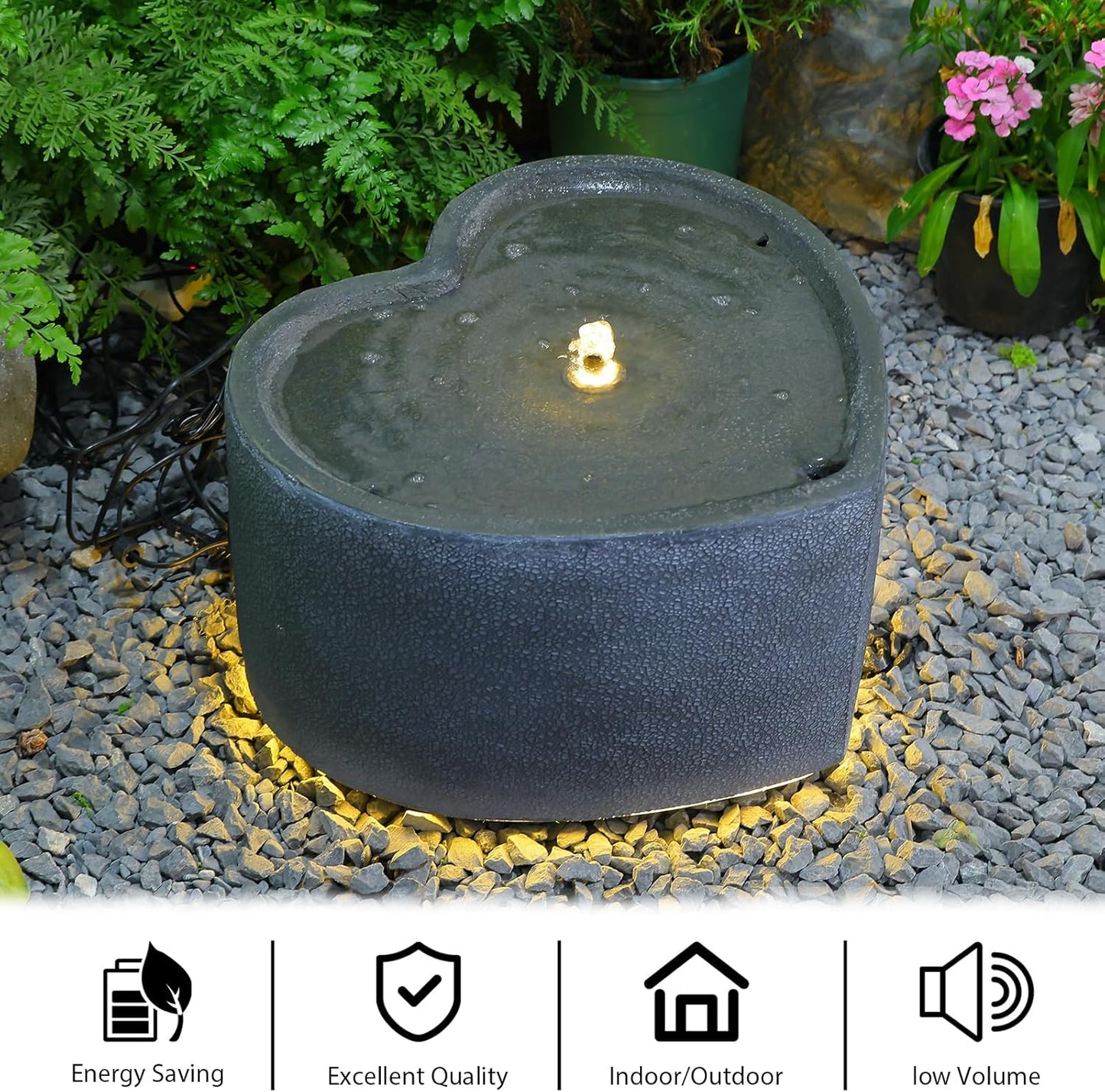 Water Fountain Outdoor Garden Heart Shaped Bubble Up Fountains Indoor Water Feature with LED Lights & Pump for Patio, Balcony, Courtyard, Terrace, Porch Decoration,15.75 Inch H