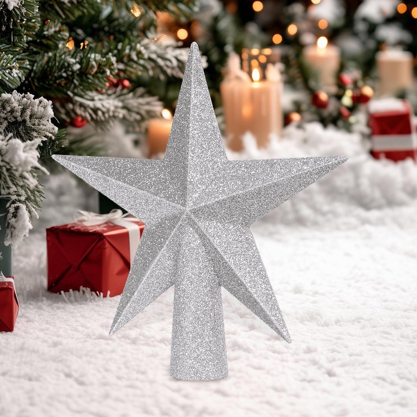 Tree Topper, 6" Silver Christmas Tree Topper with Glitter, 3D Bethlehem Star Xmas Tree Topper Decorations, Waterproof Shatter-Proof Tree Decoration for Christmas Holiday Home Indoor and Outdoor