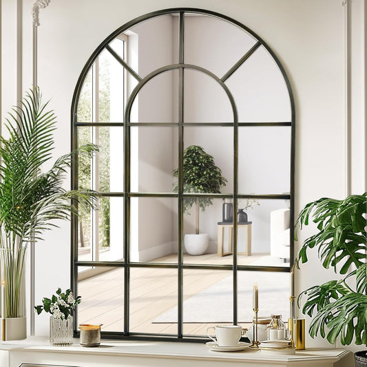Arched Windowpane Wall Mirror 30"x48" Bronze Wall Mounted Art Pane Mirror Farmhouse Decorative Mirror Leaning Hanging Wall Mirror for Bedroom Living Room Entrance Hallway Wall Decor