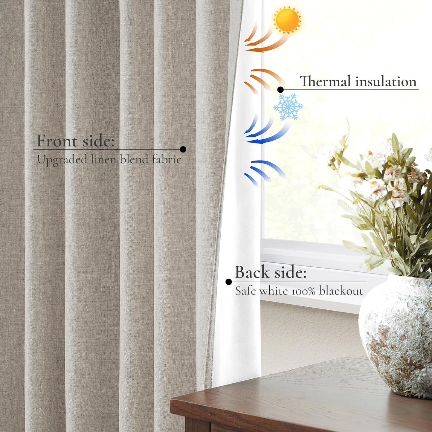 Bedroom Blackout Curtains 63 Inches (5-1/4FT) Long 2 Panel Set,Thermal Curtains for Summer Heat Living Room Darkening Pinch Pleated Short Drapes for 62 Inch Window Pinch Pleated(40"x63"x2 Light Linen)