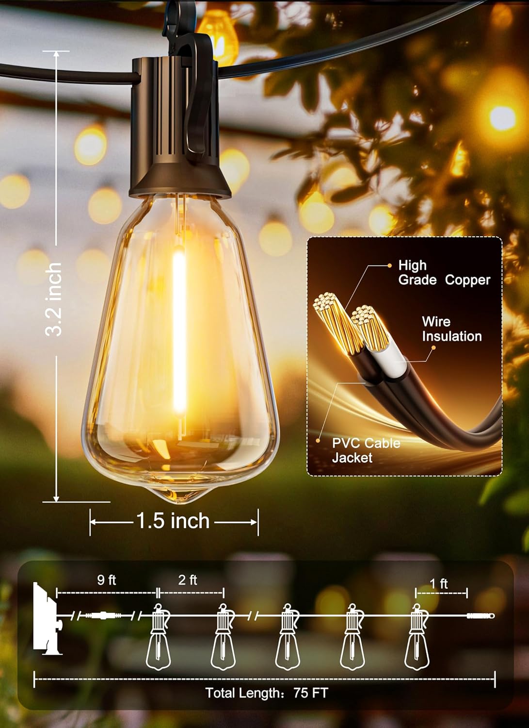Brightown Solar String Lights Outdoor Waterproof 75FT with 35 Shatterproof ST38 LED Bulbs, 2700K Solar Lights Outdoor with Remote, Solar String Lights for Outside, Camping, Yard, Party Decor