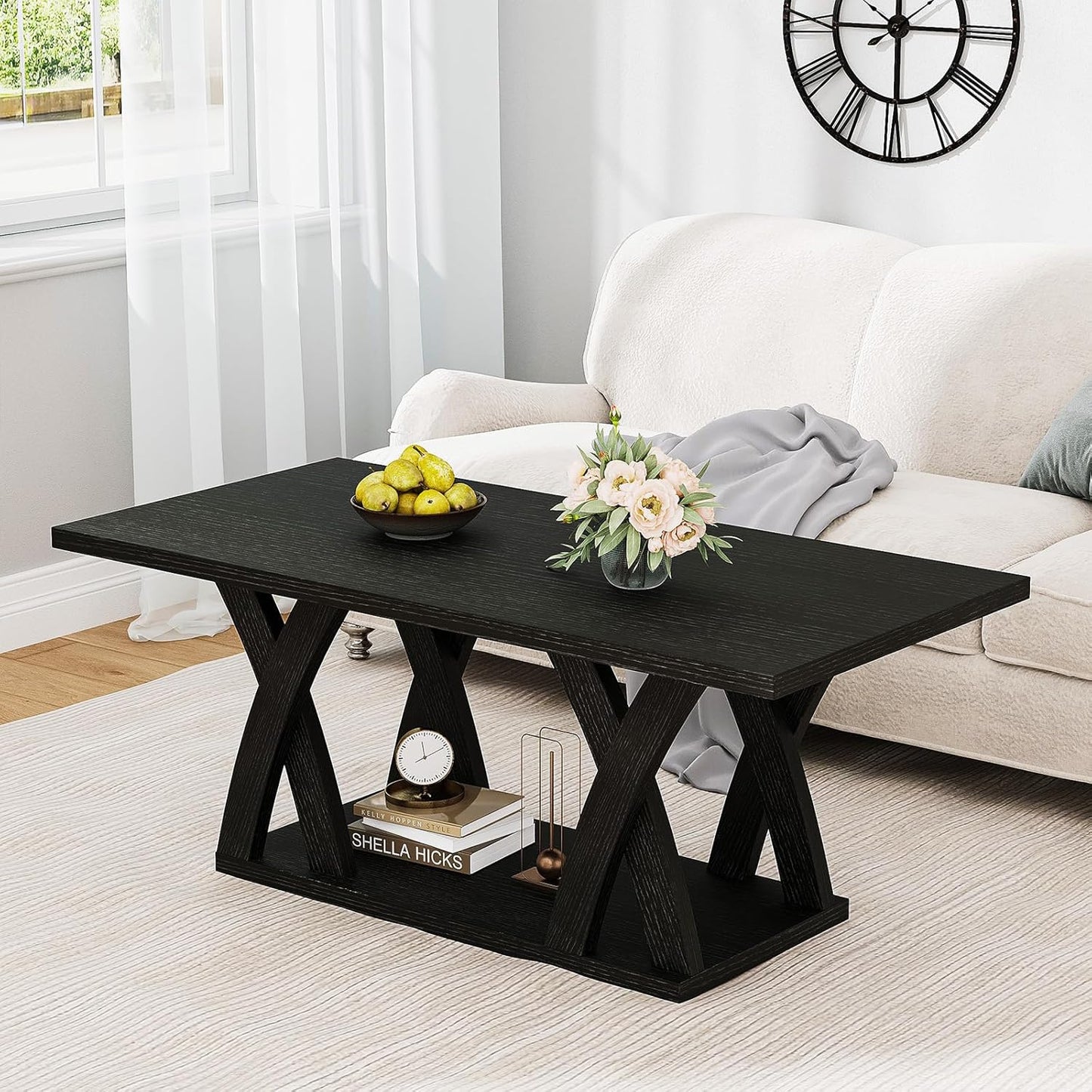 47” Wood Coffee Tables for Living Room Rustic Stands with Storage Shelf Black Coffee Tables for Living Room Farmhouse Center Stands with Shelf Farmhouse Rectangle Center Table