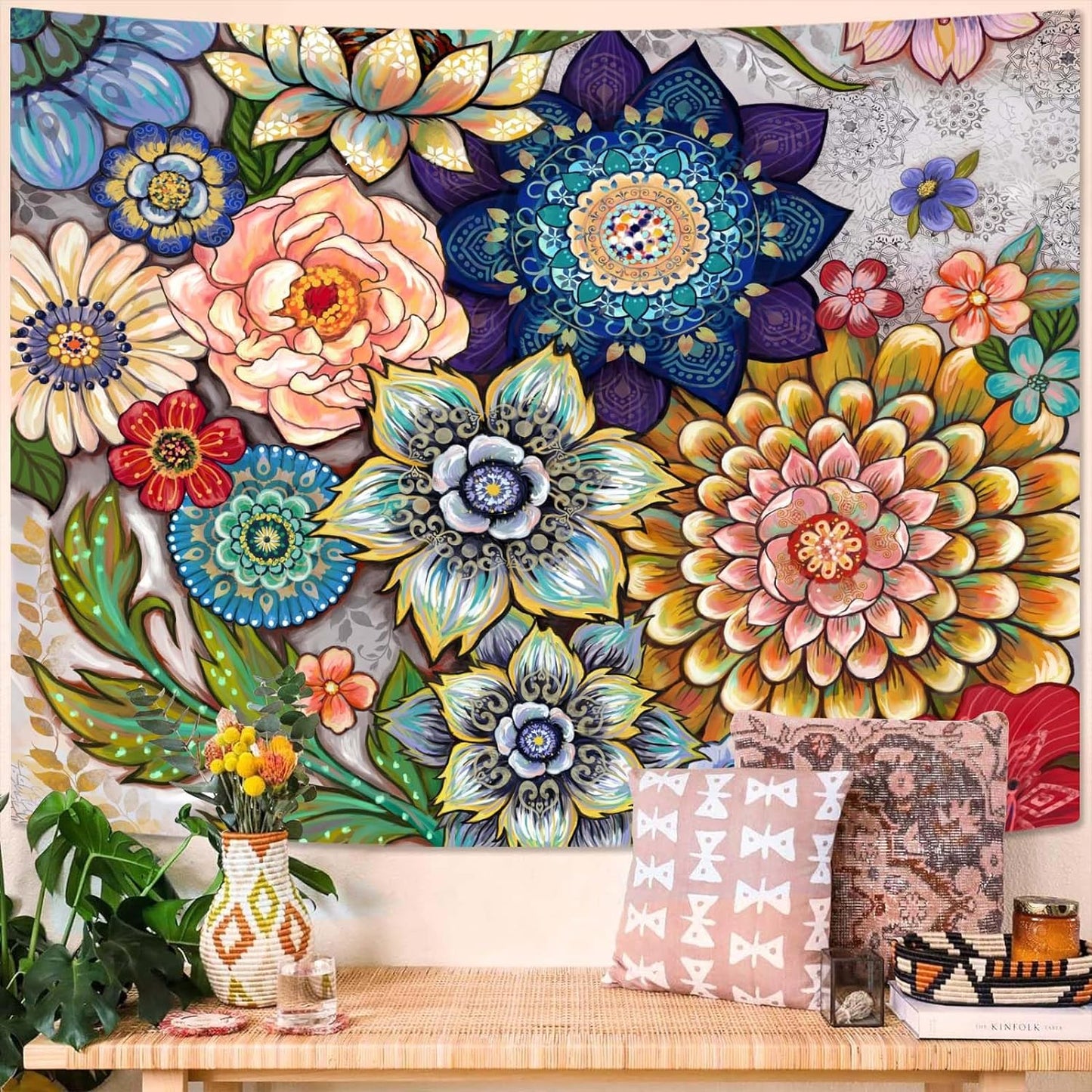 Neasow Colorful Floral Tapestry Wall hanging, Bright Boho Fabric Blossom Tapestries, Multi Color Tapestry for Bedroom Home Hippie Wall Decor 68×90 inch