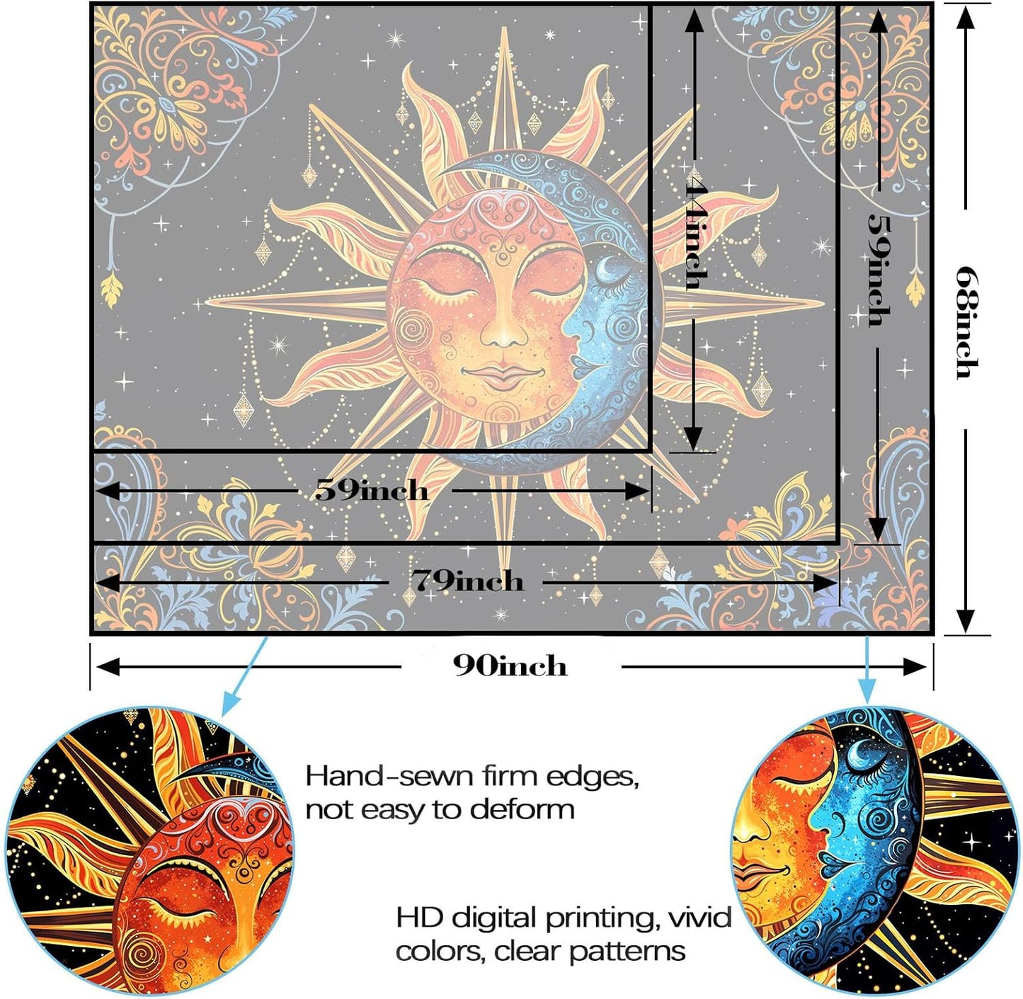 Lunerfex Sun and Moon Tapestry Mandala Wall Tapestry, Cute Tapestries for Bedroom Ceiling Tapestries Wall Hanging for Bedroom Living Room Decor Sun-1 70"x90"