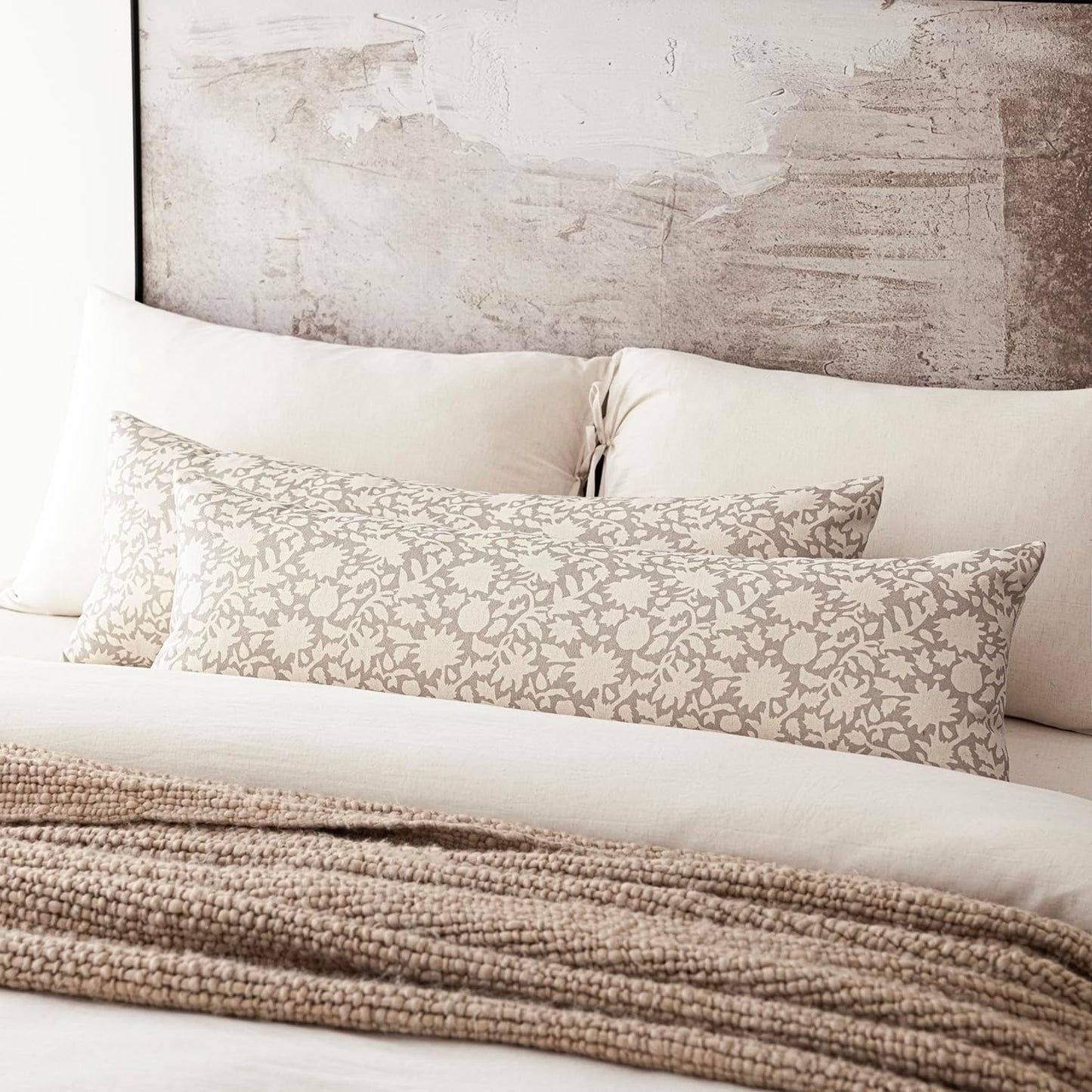 Foindtower Set of 2 Decorative Long Body Lumbar Throw Pillow Covers Accent Farmhouse Cushion Covers Boho Floral Pillowcase for Couch Sofa Bedroom Living Room Home Decor Outdoor,14×36 Inch,Ivory Beige