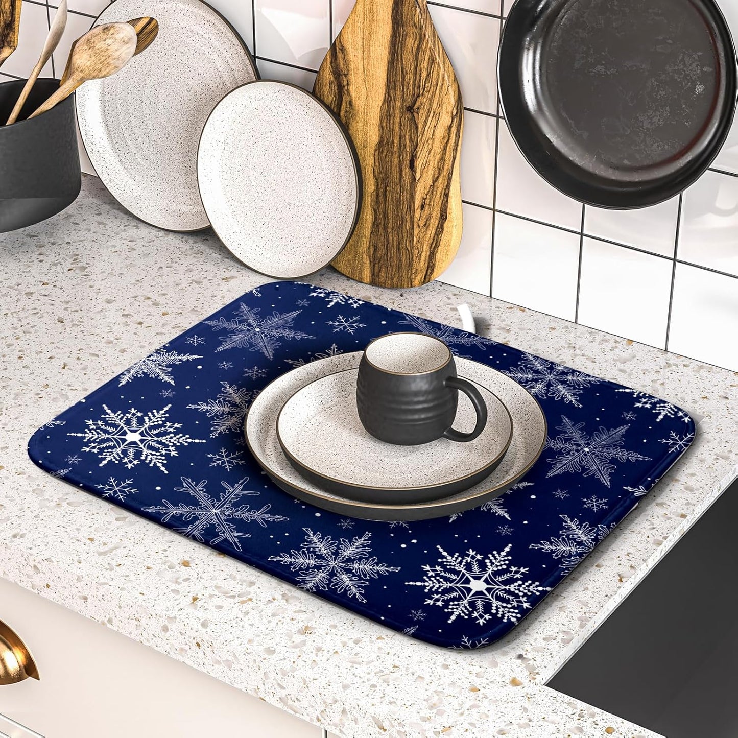 Winter blue Snowflake Dish Drying Mat for Kitchen Counter Holiday Super Absorbent Reversible Microfiber Kitchen Countertop Protector Dishes Pad Small 16x18 inch