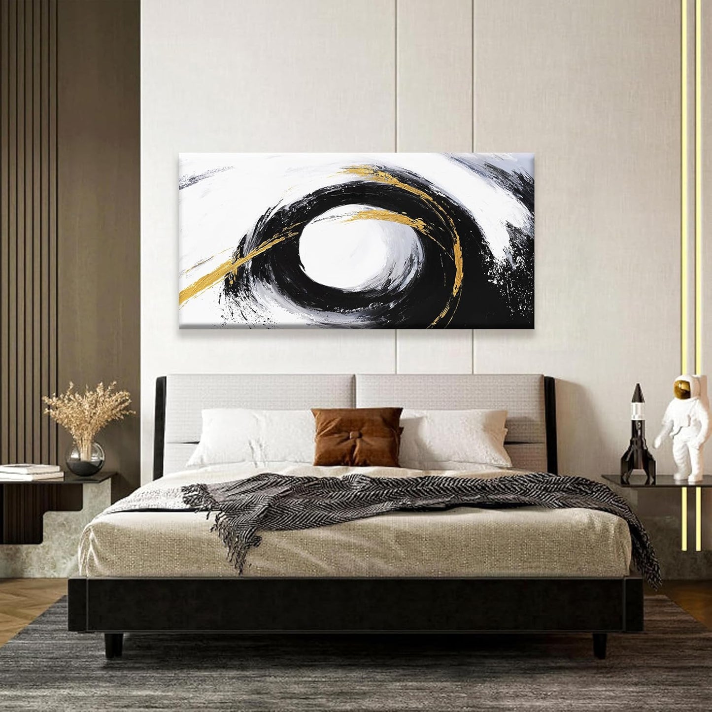 QSQ Black And Gold Wall Art Modern Abstract Wall Decor Canvas Prints Picture White Canvas Art Wall Decor Modern Abstract Wall Artwork Bedroom Living Room Office Home Decoration 24" X 48"