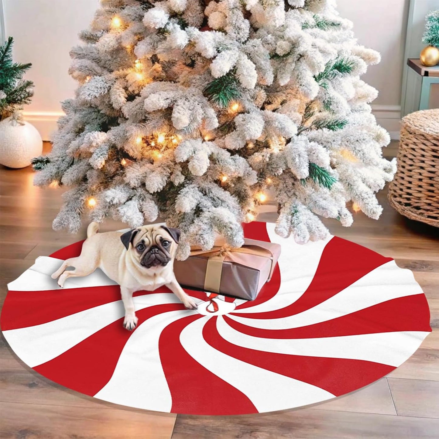48" Large Christmas Tree Skirt, Red and White Peppermint Candy Round Pattern Tree Mat Base Cover for Xmas Festive Holiday Party Decoration Ornaments