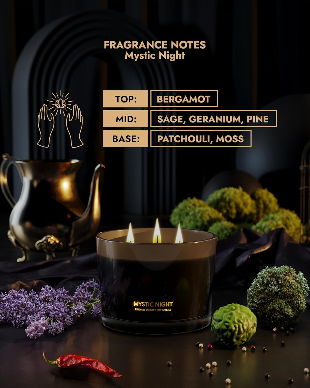 96NORTH Luxury Black Candle | Large 3-Wick Jar Candle | Up to 40 Hours Burning Time | 100% Natural Soy Wax | Relaxing Aromatherapy Aesthetic Candle | Housewarming Gift for Men and Women