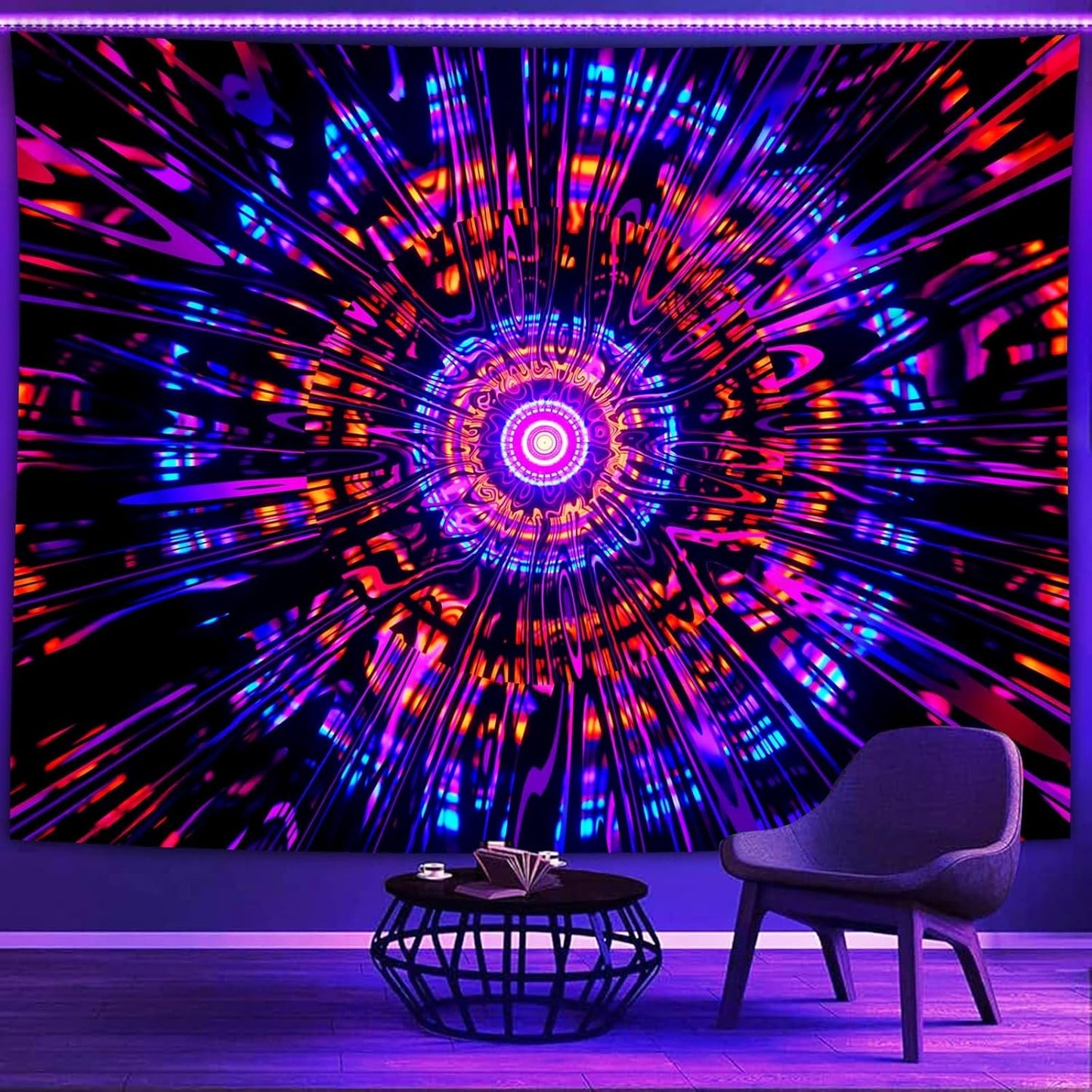 PSYHILAR Blacklight Mandala Tapestry for Bedroom, Psychedelic Black Light Posters for Adults and Teens, Colorful UV Reactive Aesthetic Bohemian Art Wall Hanging Decor Red and Purple (60 x 50 Inches)