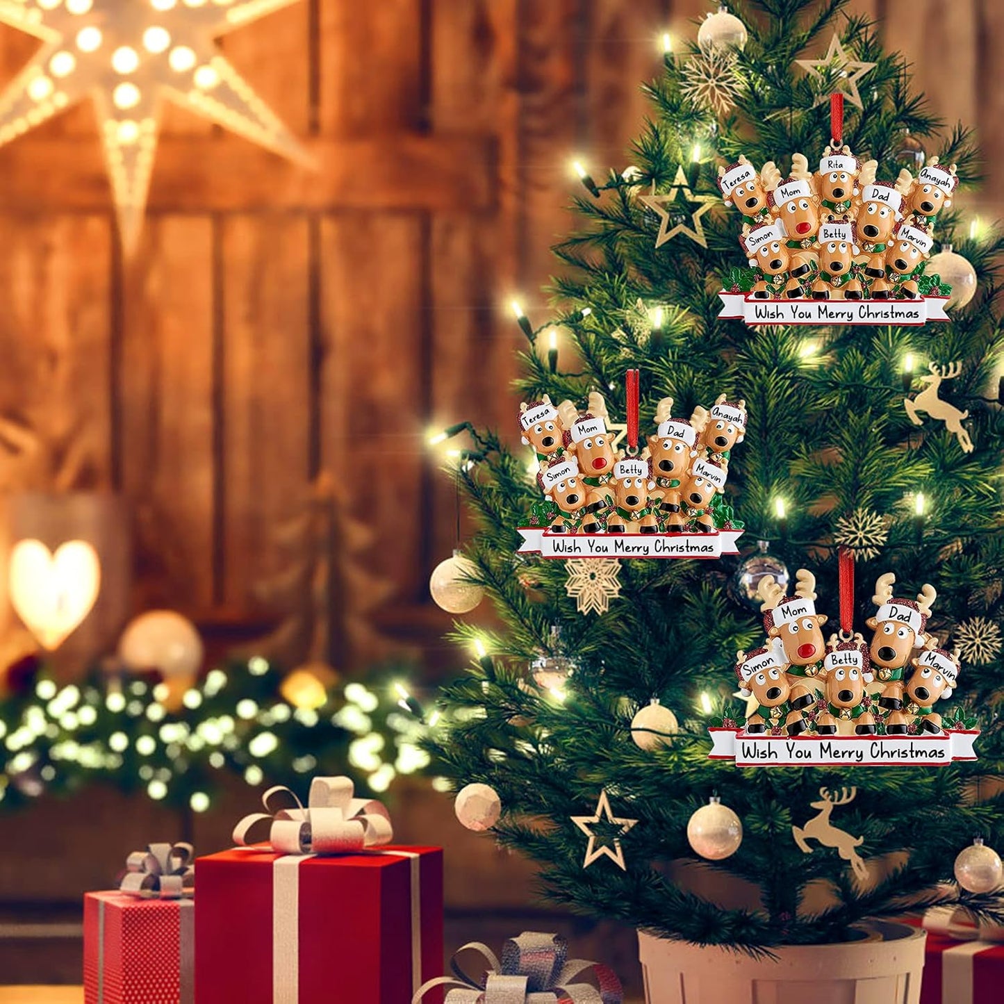 Personalized Deer Christmas Ornaments 2025 Family of 2,3,4,5,6,7,8 Custom Name Reindeer Xmas Ornament with Text,Customized Christmas Decoration Gifts - Family of 6