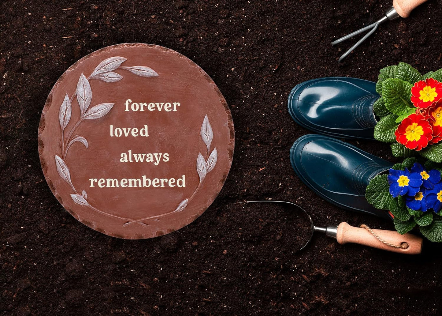 NAT & Jules Floral Laurel Wreath Leaves Pattern Dimensional Indoor Outdoor 12 inch Round Cast Resin Decorative Garden Stepping Stone, Patio, Walkway Sculpture Yard Art, Forever Loved Red