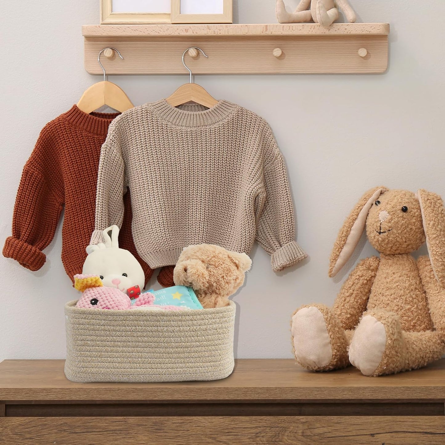 Small Woven Storage Baskets 13“X9”X5“ Decorative Rope Bins for Organizing Shelves, Closets, and Toys, Empty Gift Baskets, Cute Organizer Basket for Home and Office (oatmeal, Large)