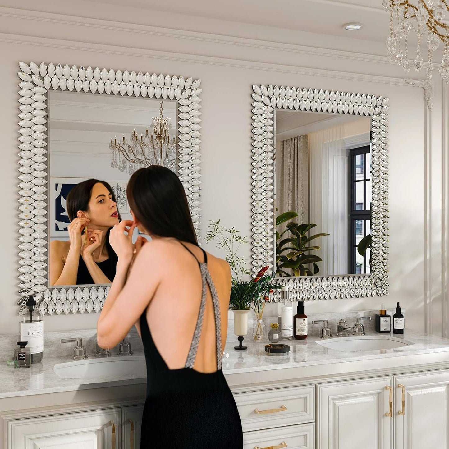 Kelly Miller 30"x40" Jeweled Bathroom Wall Mirror, Large Rectangle Mirror Decorative Mirror Luxury Vanity Mirror with Diamonds for Master Bath Half Bath Living Room Bedroom Fireplace Mantle Entryway