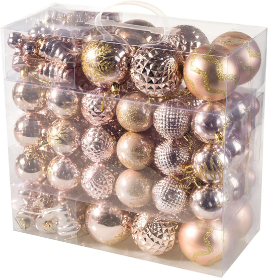 Rose Gold Christmas Ball Ornaments - 116Pc Shatterproof Hanging Decoration Set with Gift Box, Assorted Baubles for Xmas Tree/Home/Wedding/Party/Holiday
