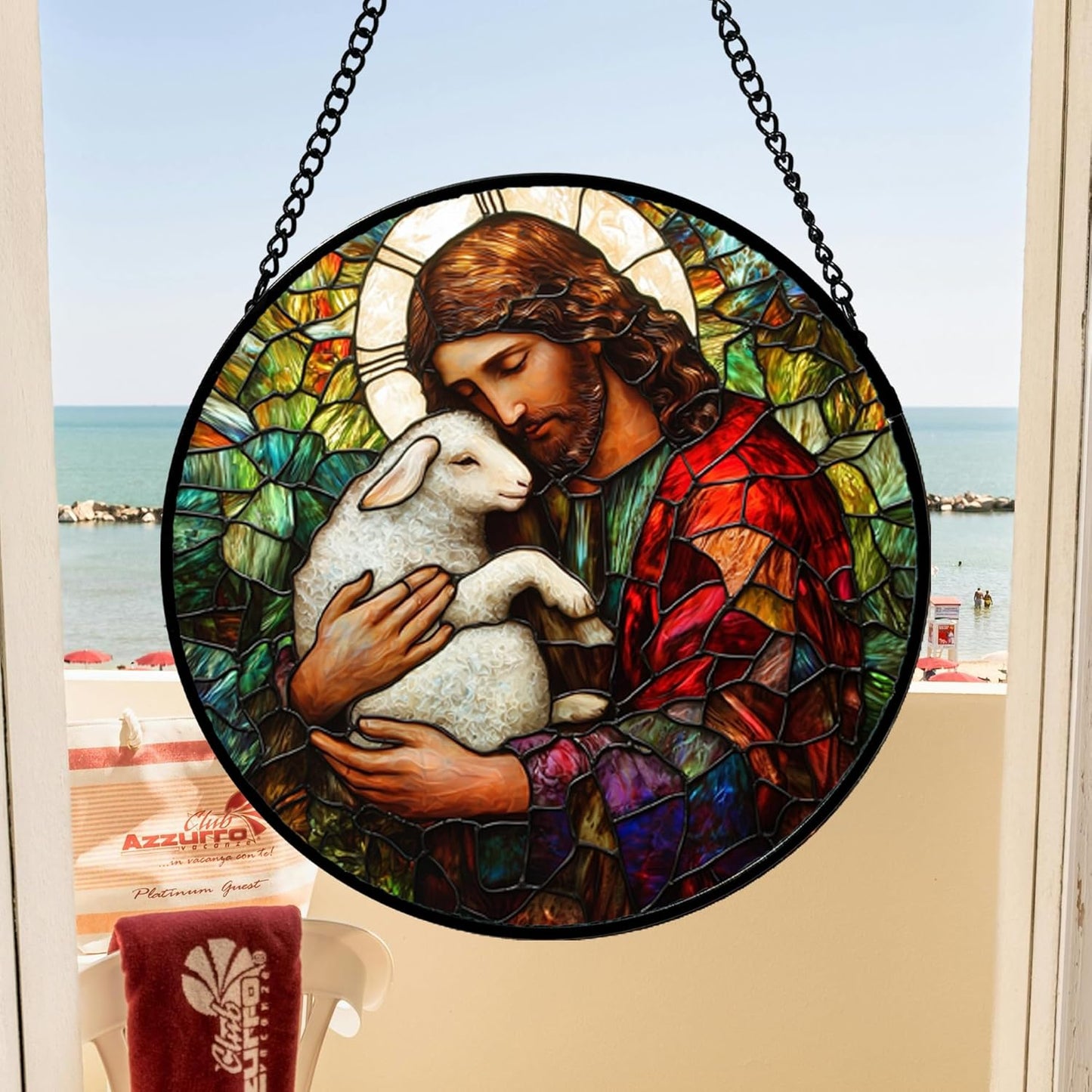 Stained Glass Window Hanging, Jesus Little Lamb Sun Catchers Colorful Glass Panel Christianity Suncatcher Decor for Birthday for Women, Men, Wife, Aunt, and Mom 14.9x14.9 in