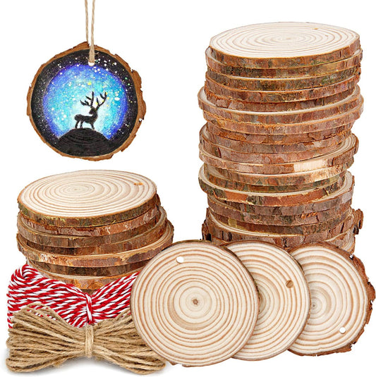 30 Pieces 2.4"-2.8" Natural Wooden Slices, Colovis Unfinished Wood Circles with Holes Tree Bark Round Log Discs DIY Crafts Hanging Ornaments (2.4"-2.8" 30Pcs, Natural)