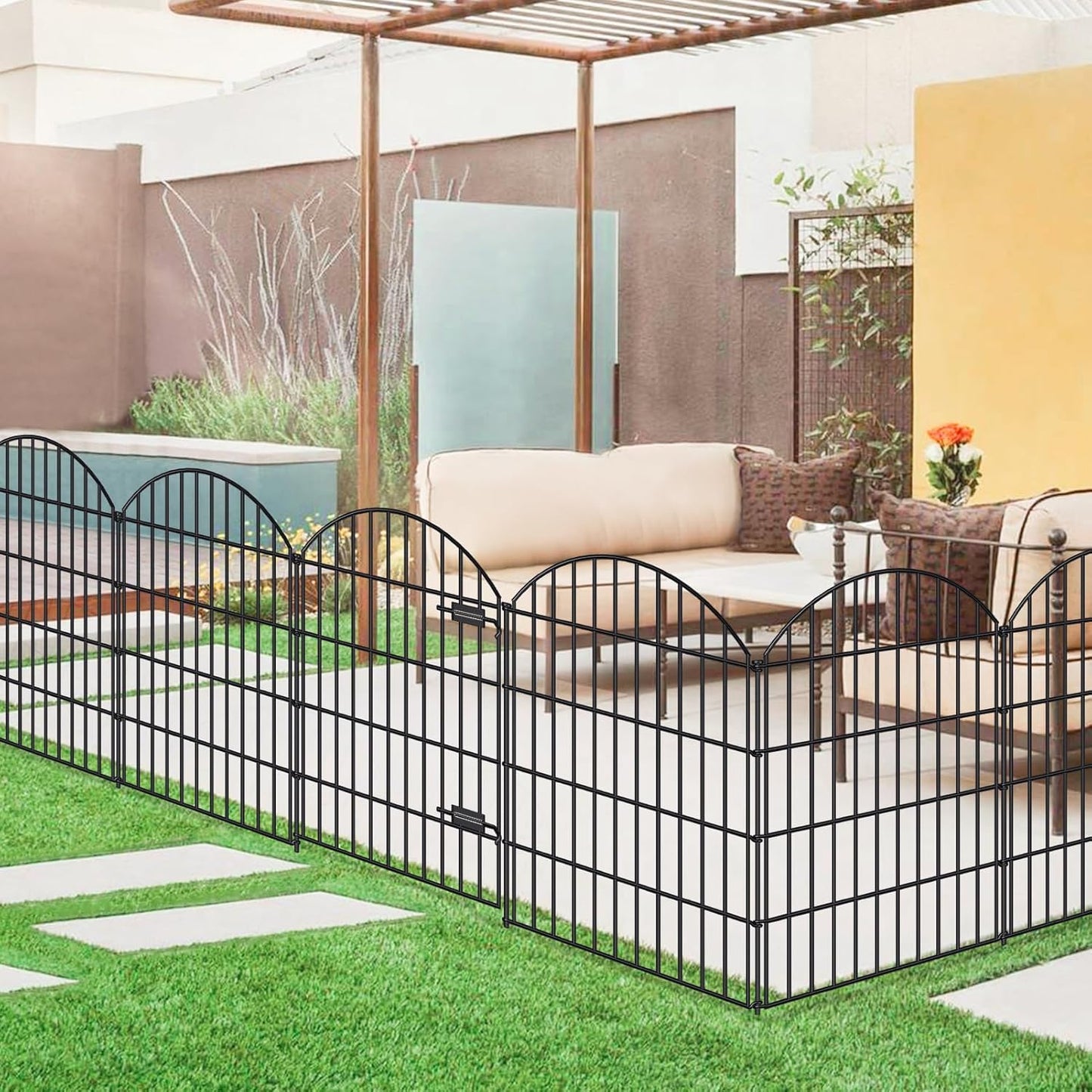 Metal Garden Fence with Gate 36in (H) x 11.7ft (L), 1 Gate+ 4 Panels Dog Fence Border Fence Animal Barrier, No Dig Garden Fencing for Yard Flower Bed Lawn Patio Outdoor, ECG3505, Black
