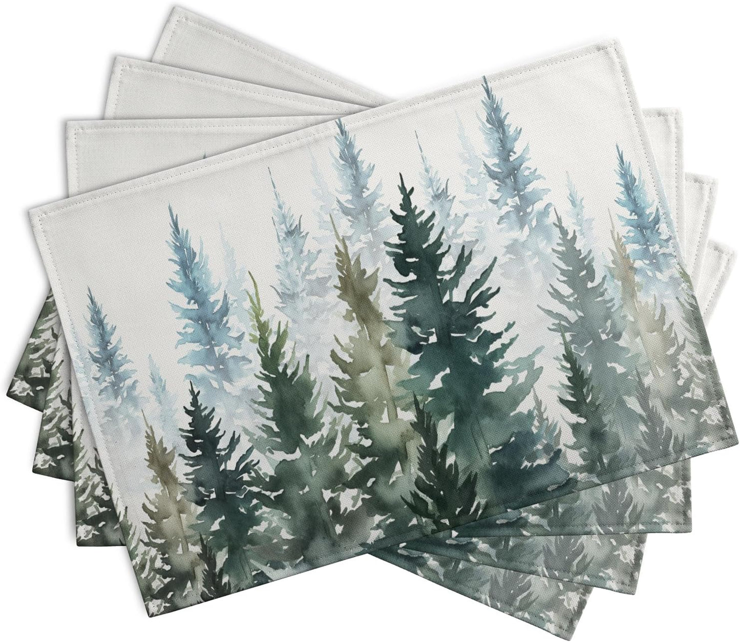 Watercolor Dark Green Tree Table Mats Set of 4 Rustic Nature Forest Pine Tree Placemats Seasonal Winter Holiday Place Mat Farmhouse Washable Linen Placemat for Dining Table Kitchen Christmas Decor