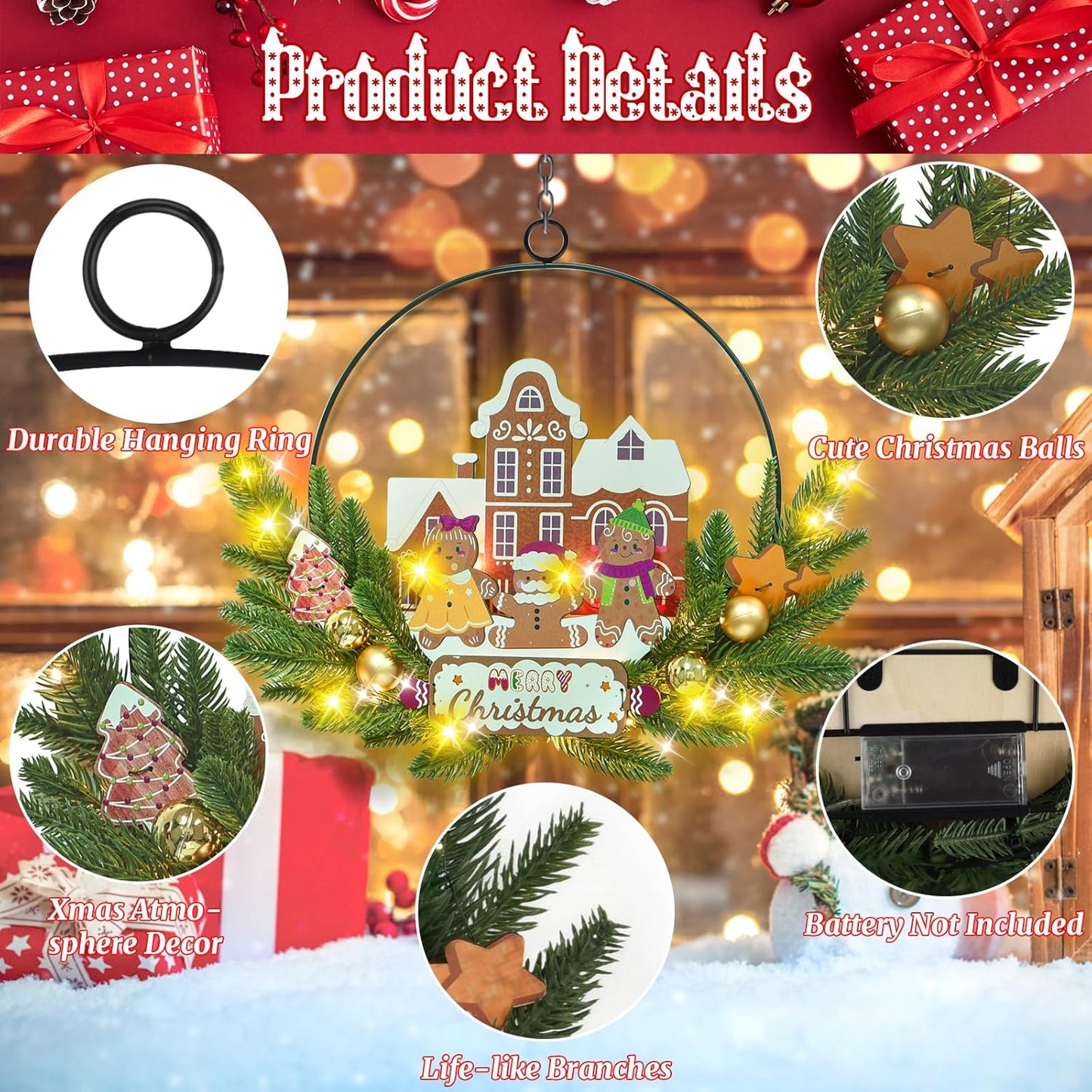 Light up Christmas Wreaths for Front Door, Welcome Metal Wooden Door Wreath Decor Hanging Sign, 30 LED Lighted Wall Decor Battery Operated for Halloween Indoor Outdoor (Gingerbread Man)